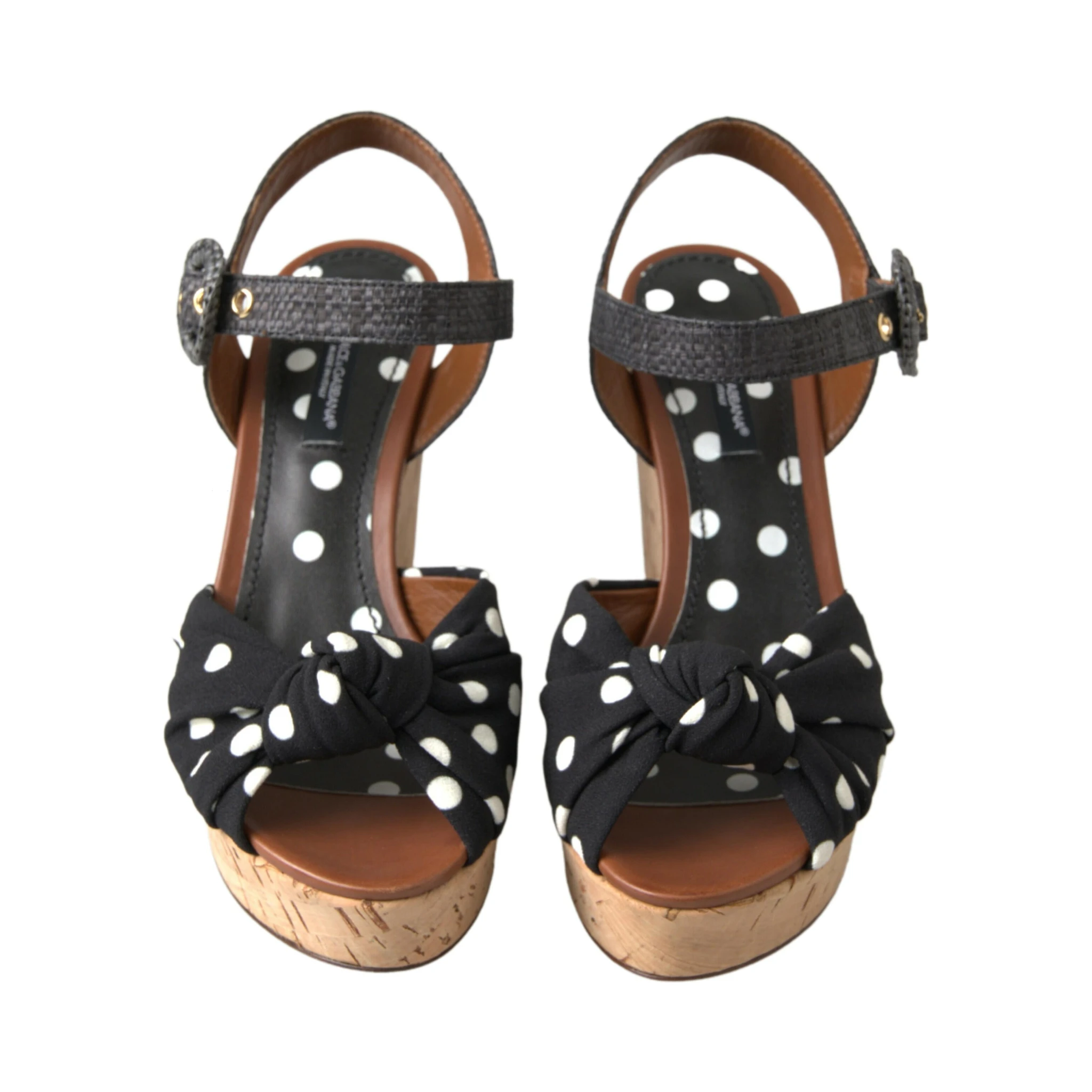 Black Wedges Polka Dotted Ankle Strap Shoes Sandals