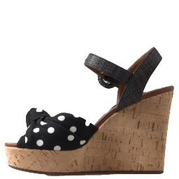 Black  Wedges Polka Dotted Ankle Strap Shoes Sandals