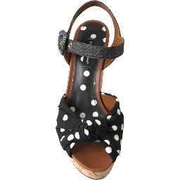 Black  Wedges Polka Dotted Ankle Strap Shoes Sandals
