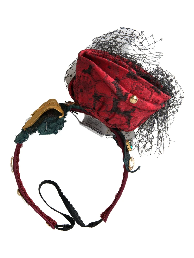 Red with multicolor Rose Silk Crystal Netted Logo Diadem Headband