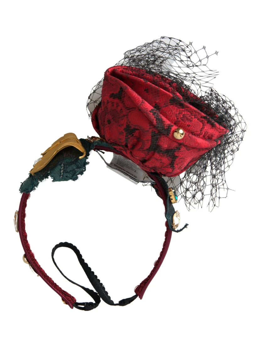 Red with multicolor Rose Silk Crystal Netted Logo Diadem Headband