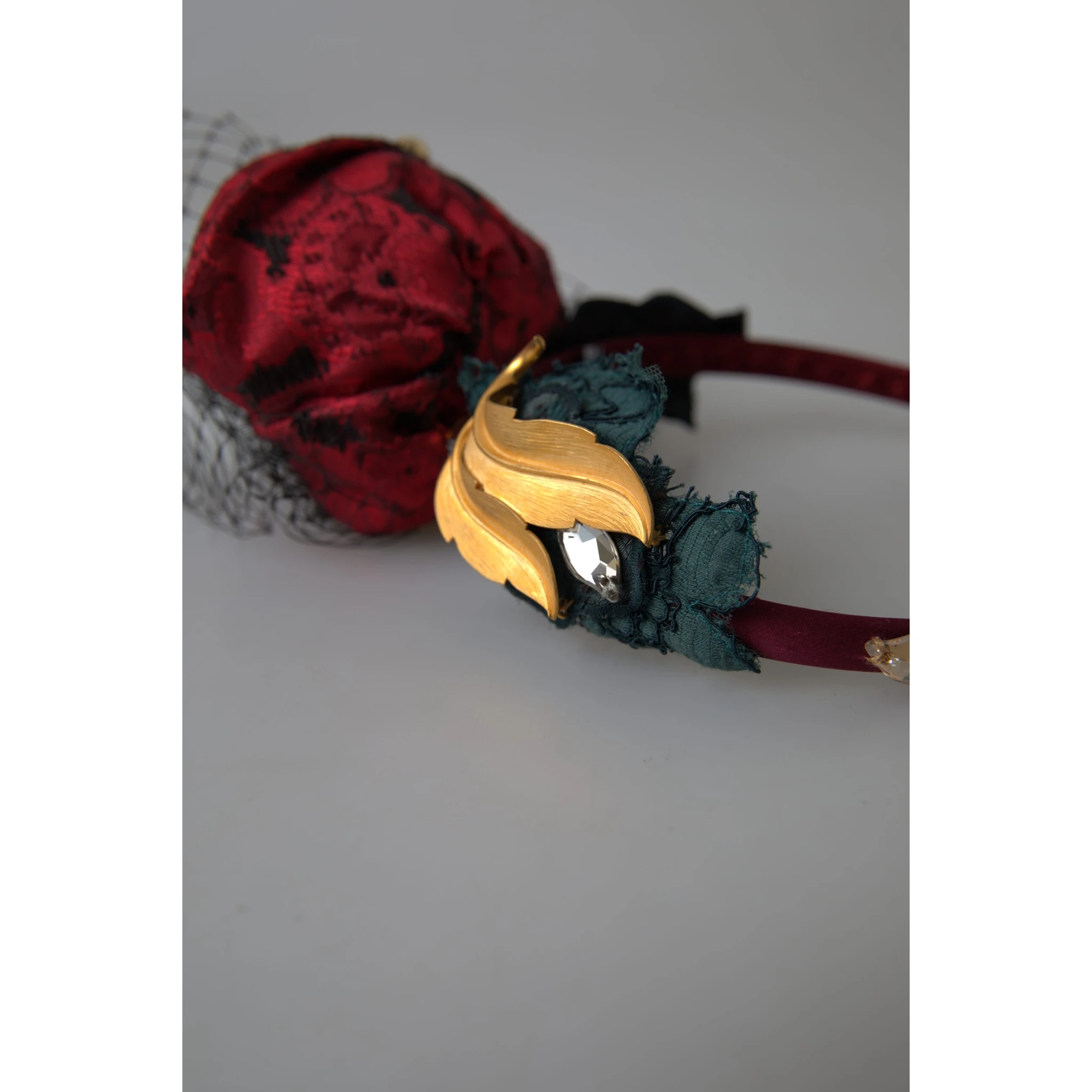 Red with multicolor Rose Silk Crystal Netted Logo Diadem Headband