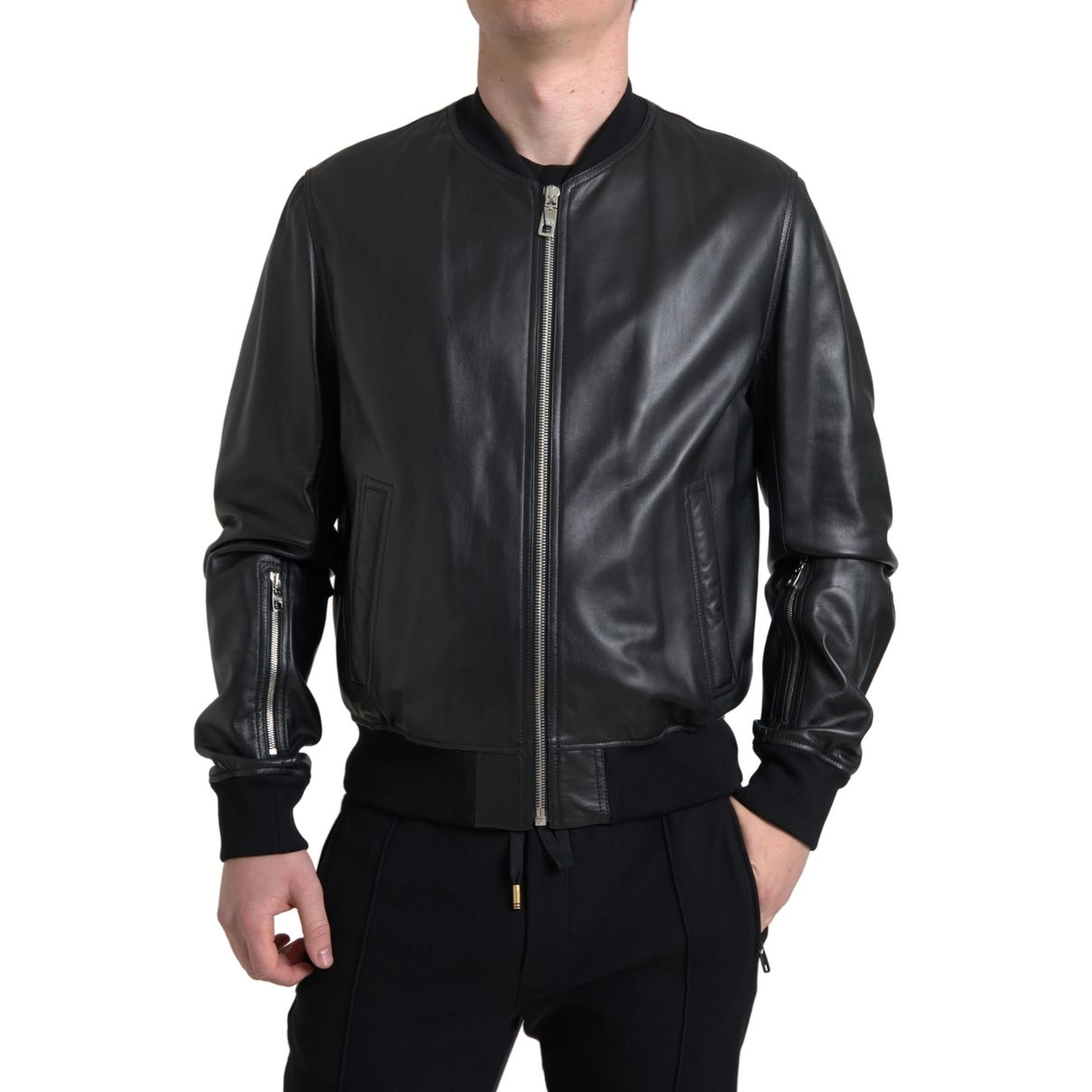 Black Leather Full Zip Bomber Men Jacket