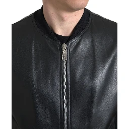 Black Leather Full Zip Bomber Men Jacket