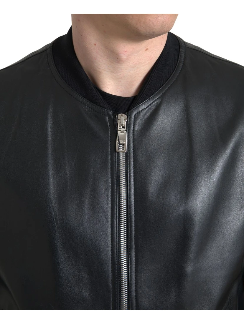 Black Leather Full Zip Bomber Men Jacket