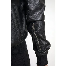 Black Leather Full Zip Bomber Men Jacket
