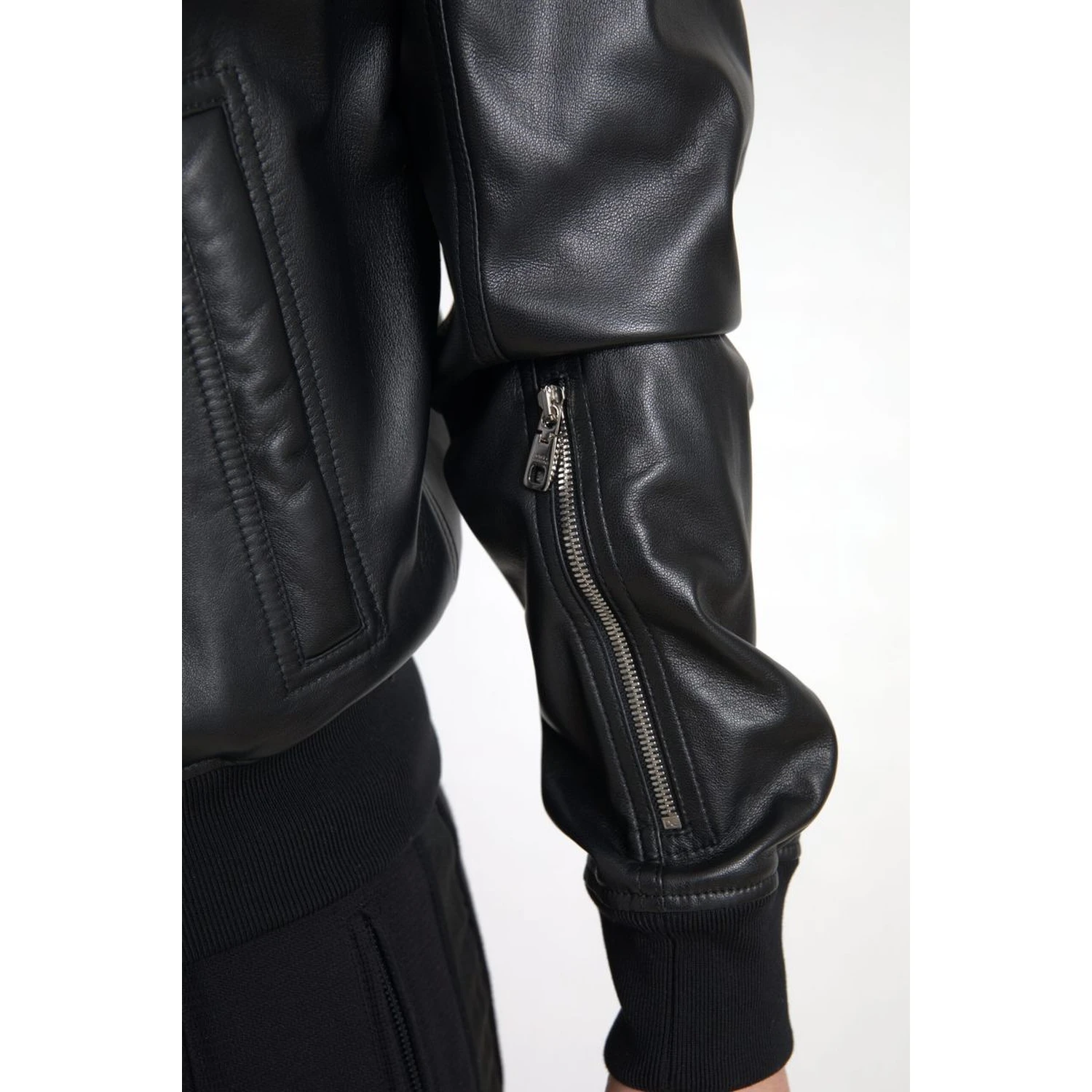 Black Leather Full Zip Bomber Men Jacket