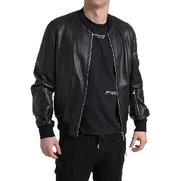Black Leather Full Zip Bomber Men Jacket