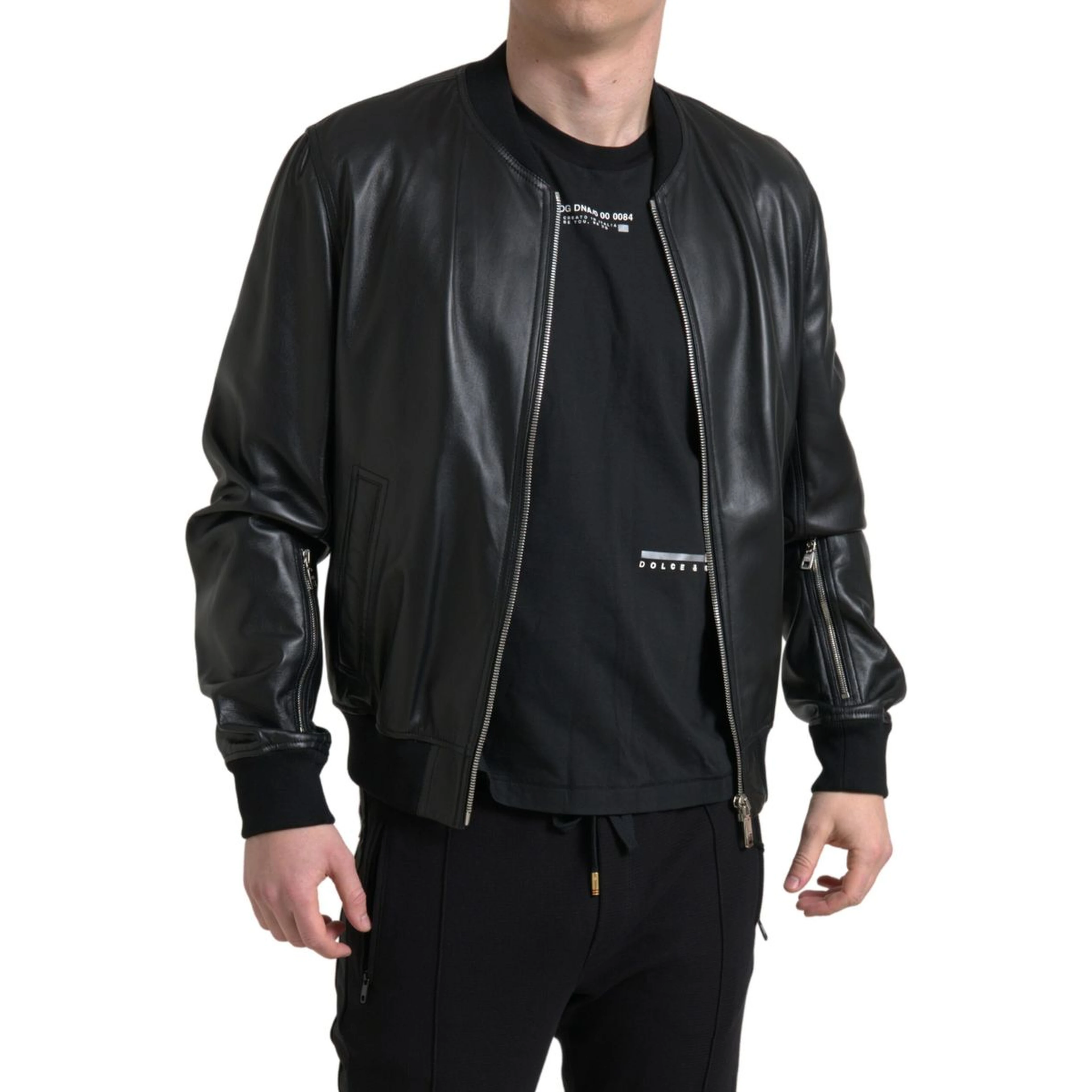 Black Leather Full Zip Bomber Men Jacket