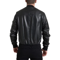 Black Leather Full Zip Bomber Men Jacket