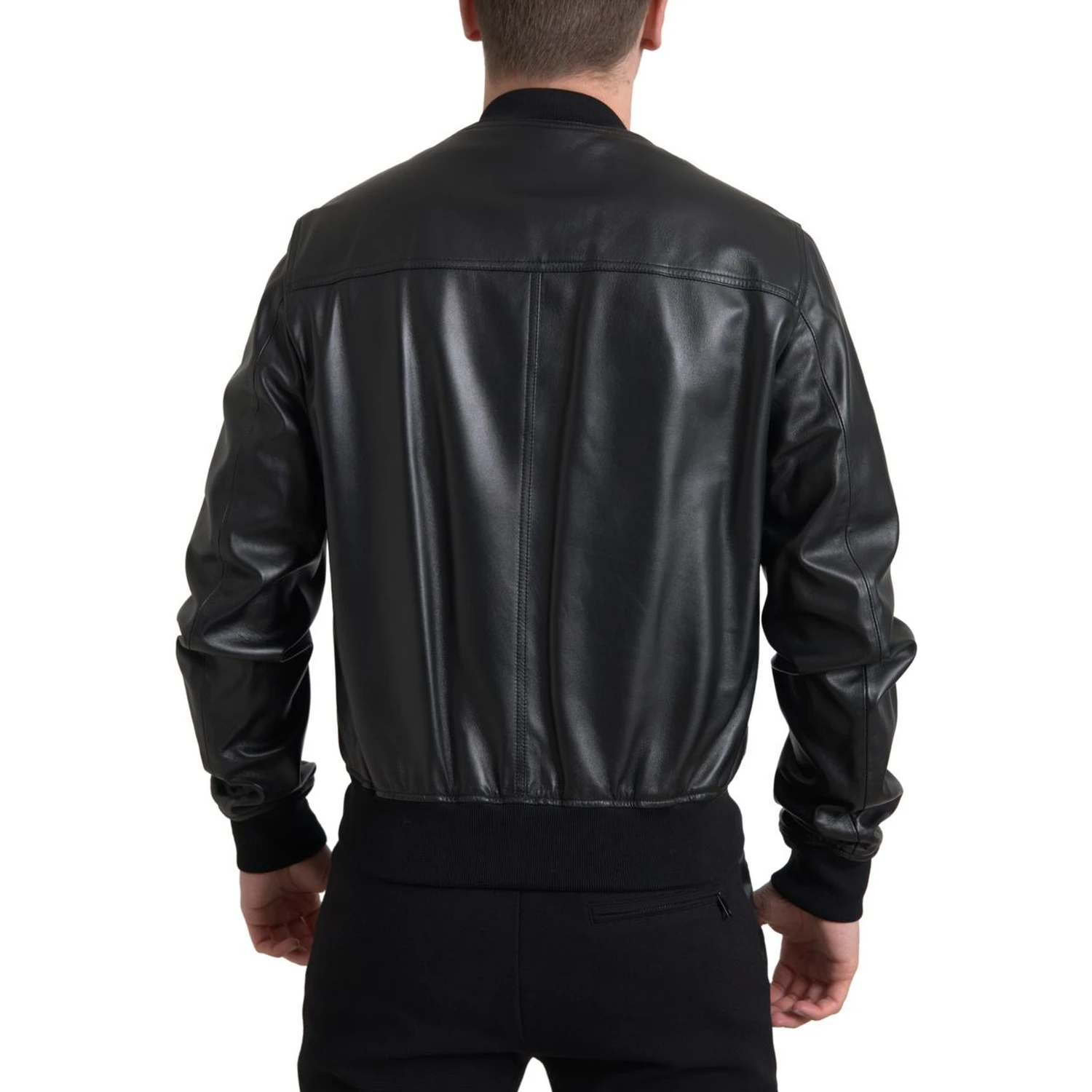 Black Leather Full Zip Bomber Men Jacket