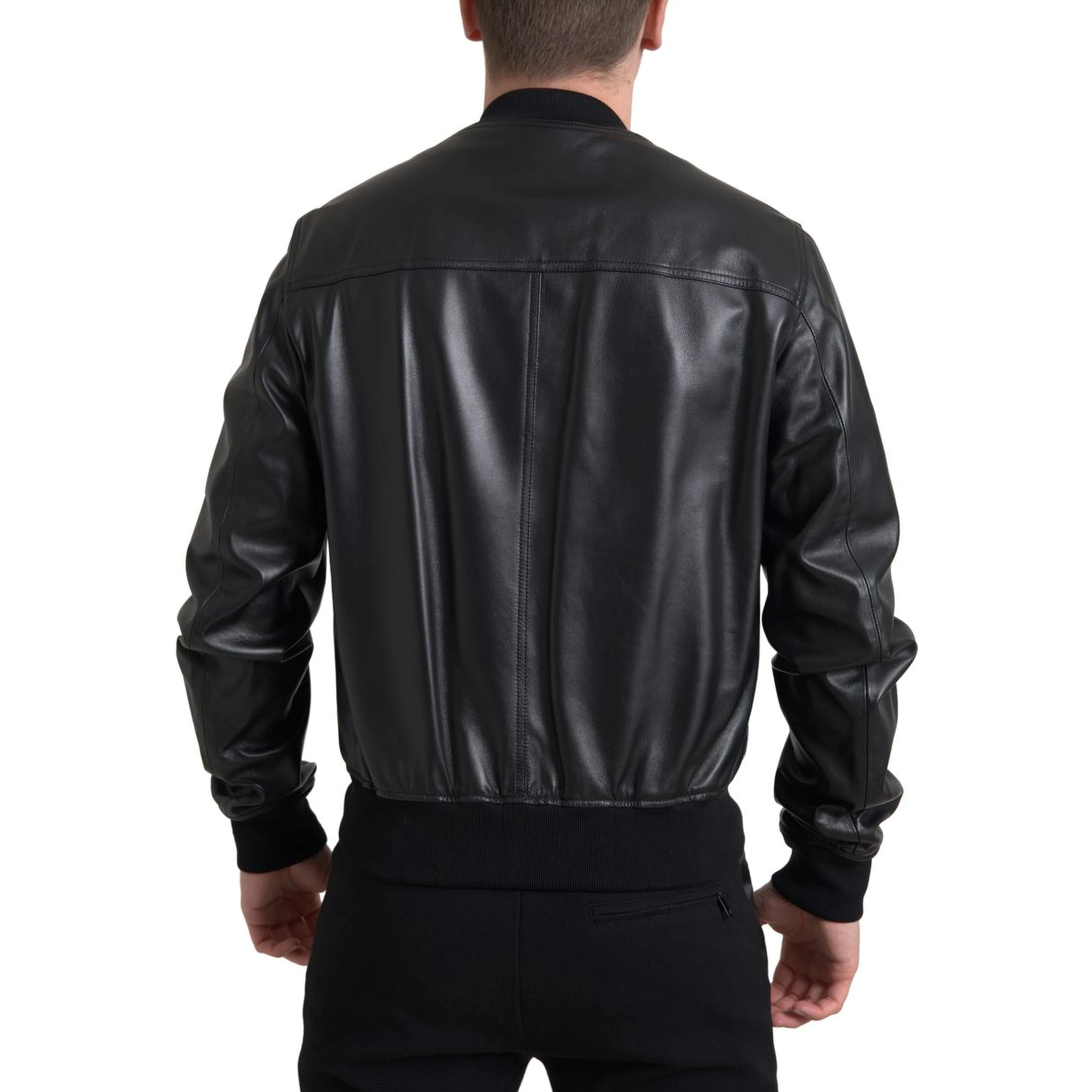 Black Leather Full Zip Bomber Men Jacket