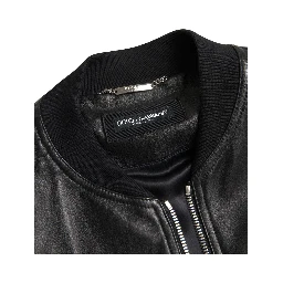 Black Leather Full Zip Bomber Men Jacket