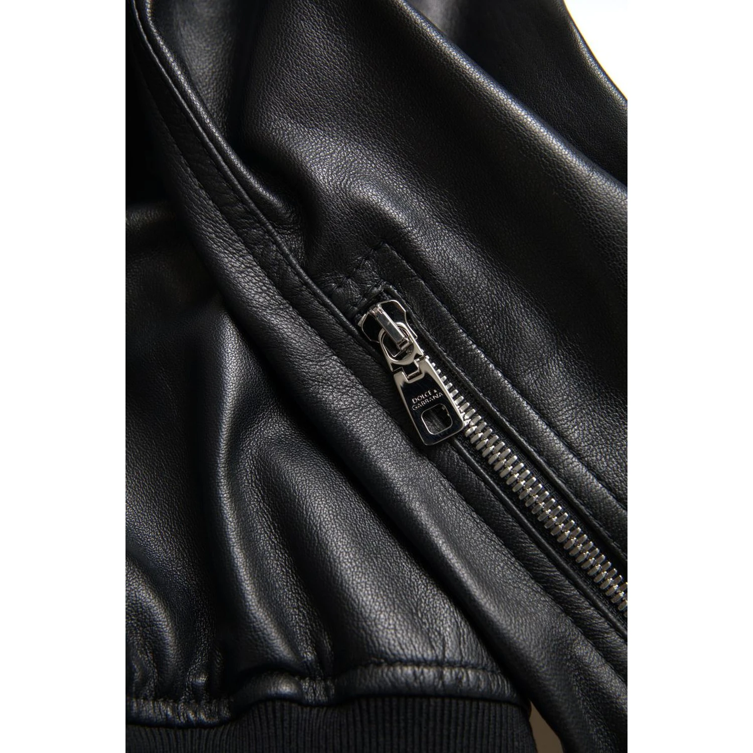 Black Leather Full Zip Bomber Men Jacket