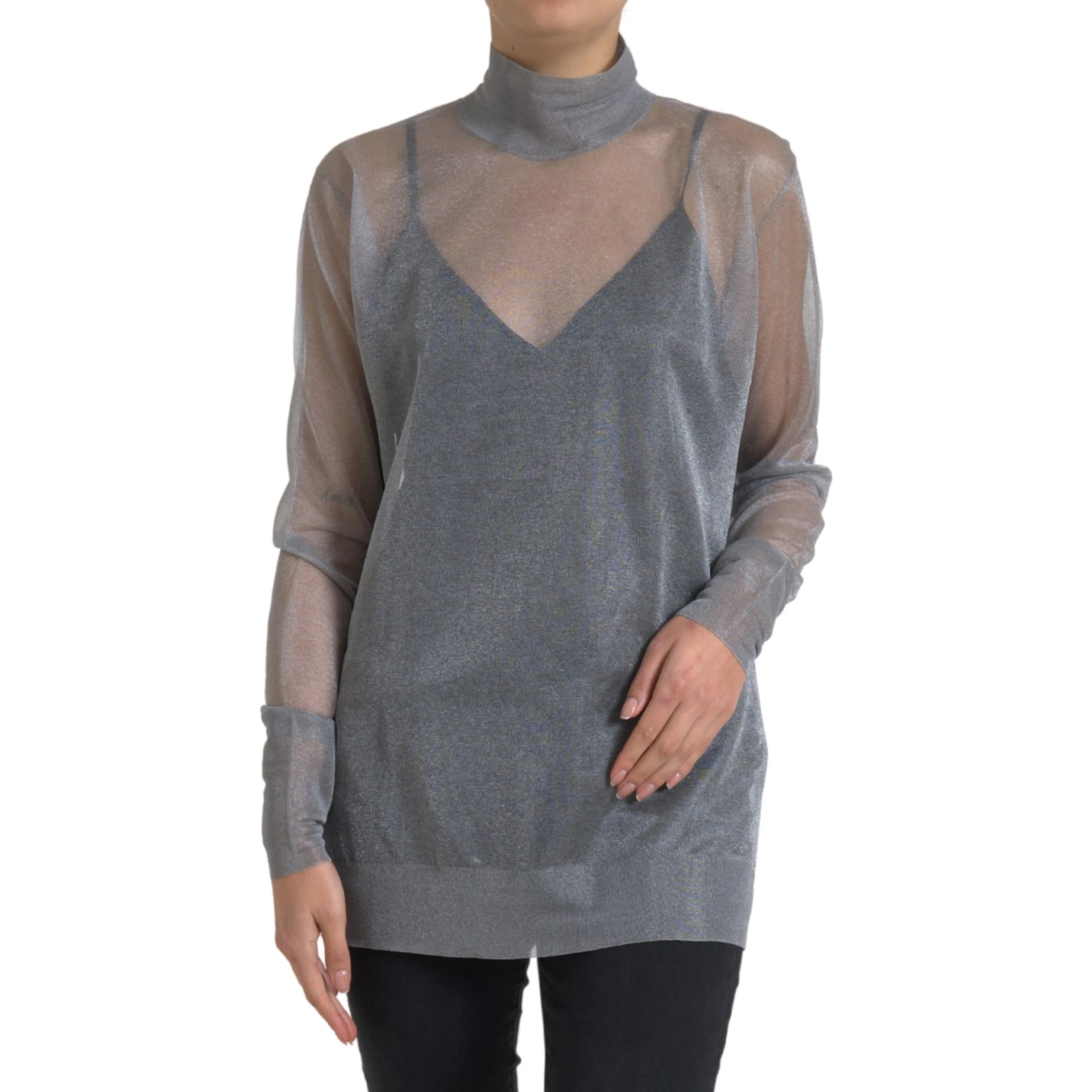 Gray Mesh Turtleneck Long Sleeve Blouse Top