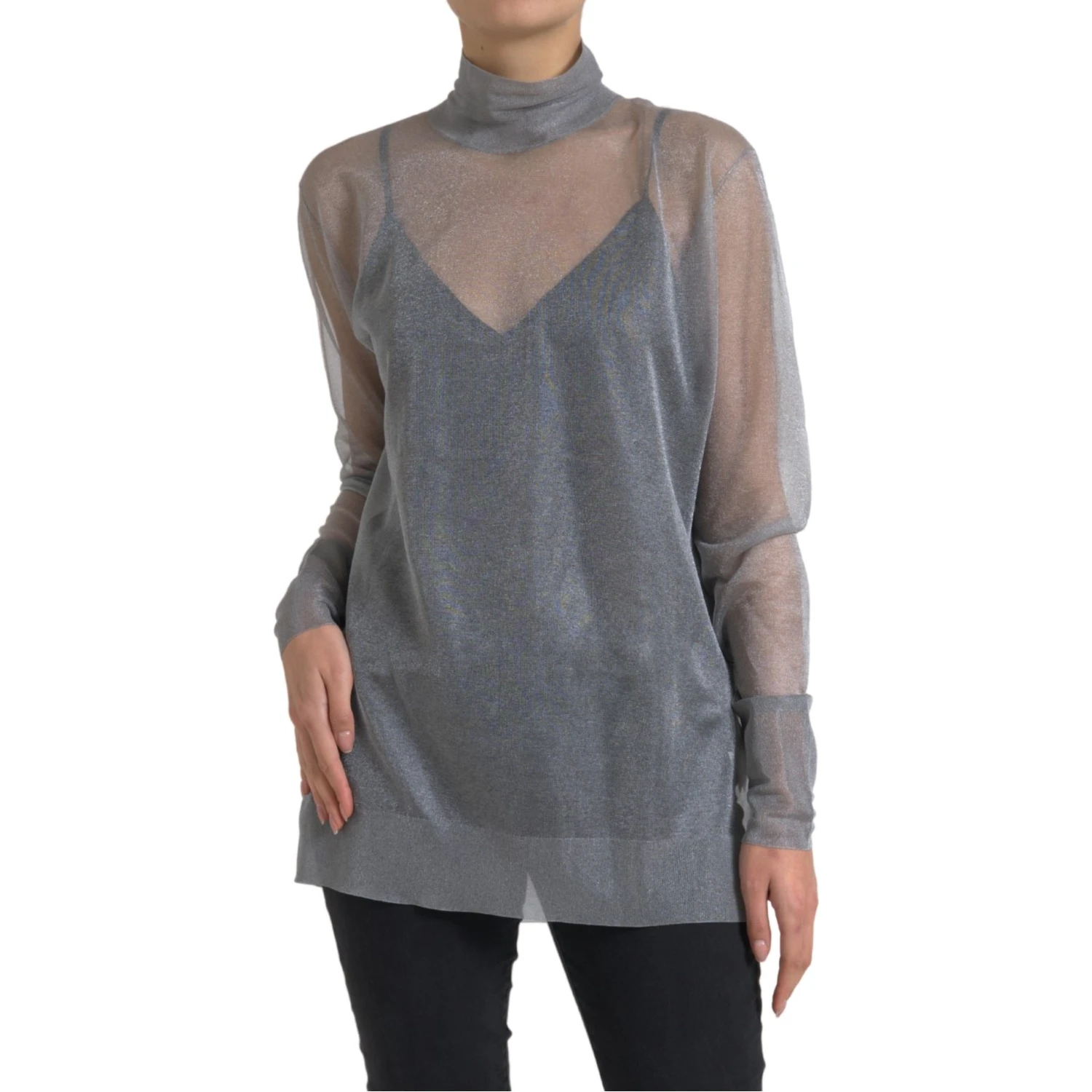 Gray Mesh Turtleneck Long Sleeve Blouse Top