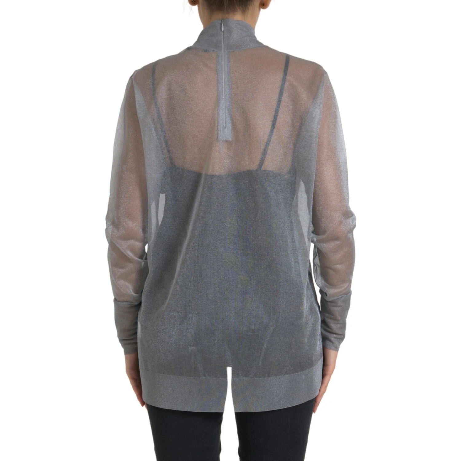 Gray Mesh Turtleneck Long Sleeve Blouse Top