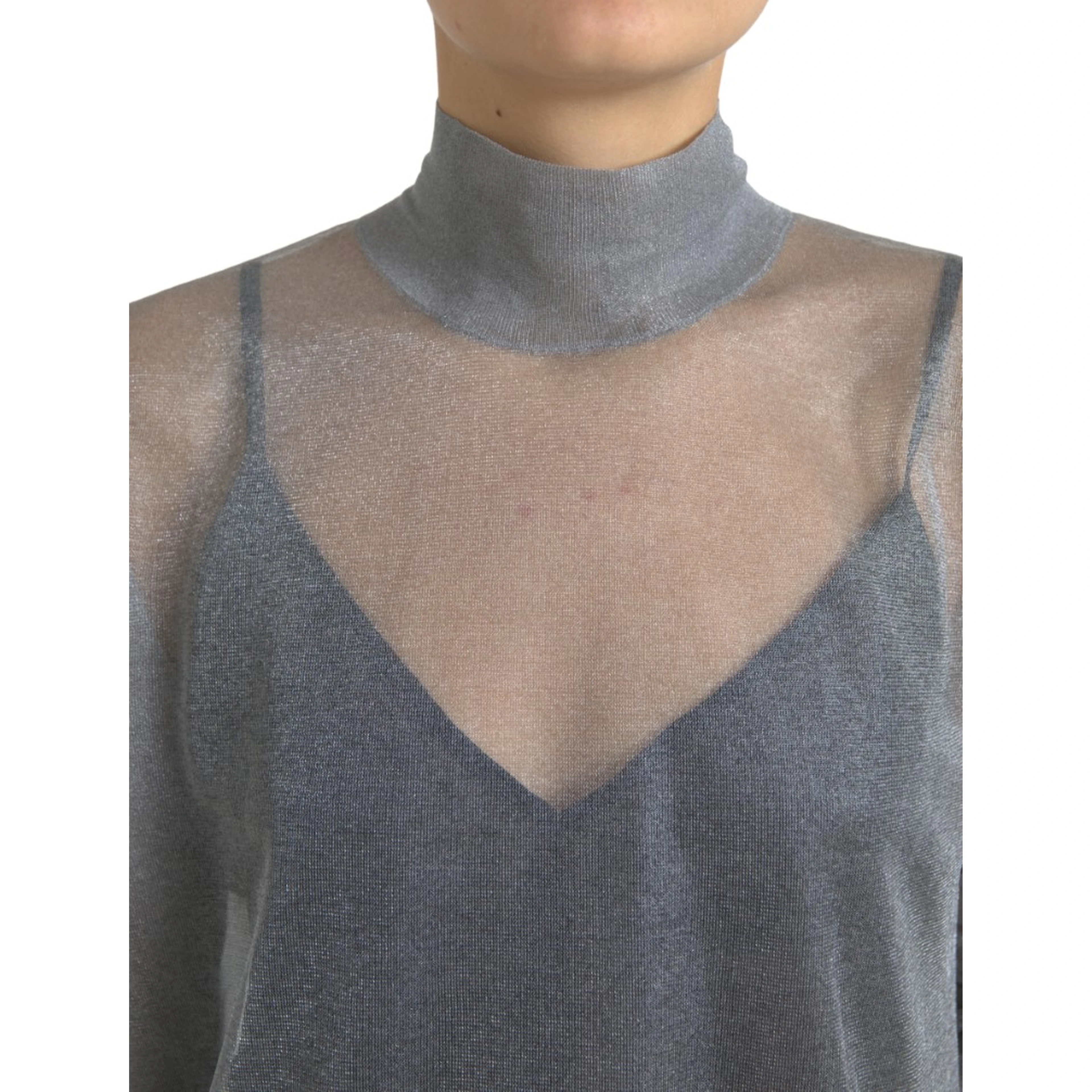 Gray Mesh Turtleneck Long Sleeve Blouse Top