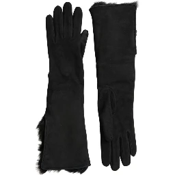 Black Leather Fur Elbow Length Gloves