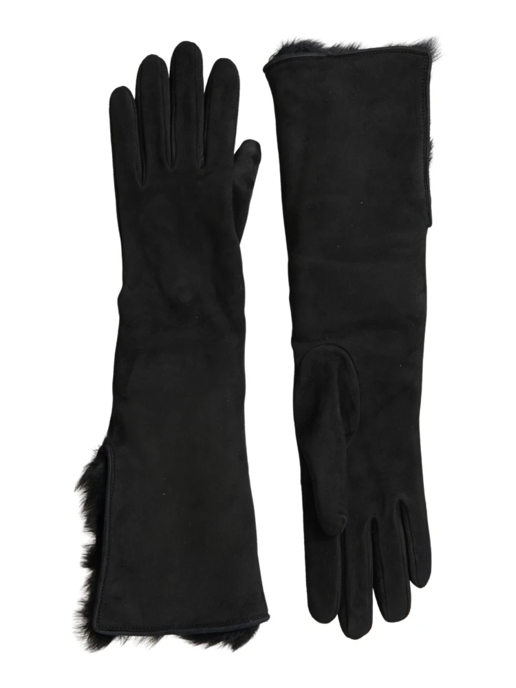 Black Leather Fur Elbow Length Gloves