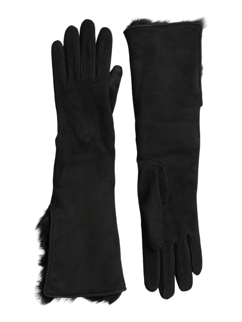 Black Leather Fur Elbow Length Gloves