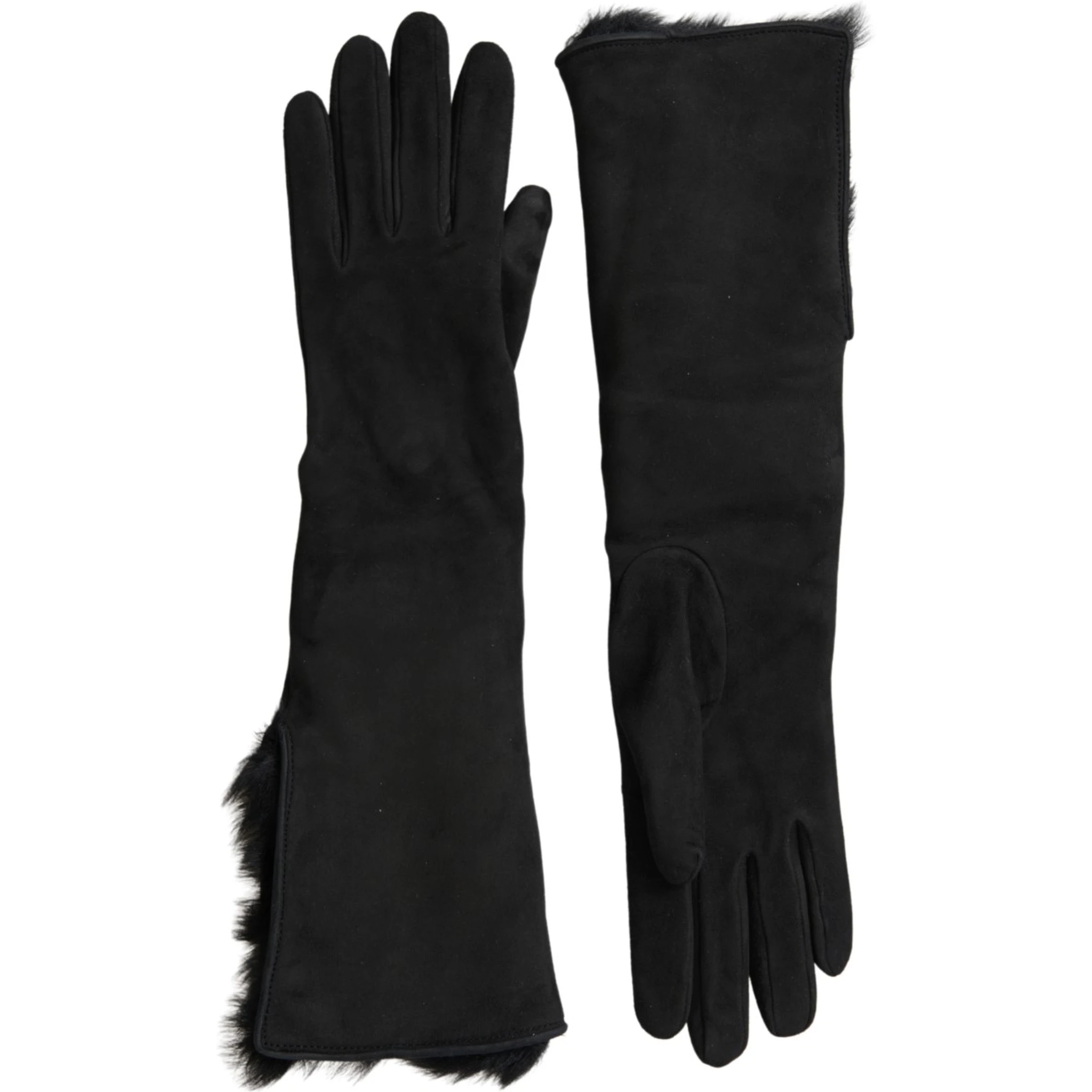 Black Leather Fur Elbow Length Gloves