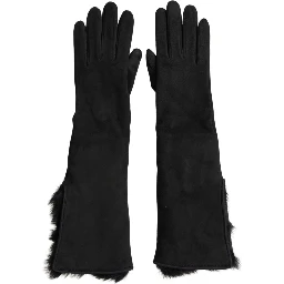 Black Leather Fur Elbow Length Gloves