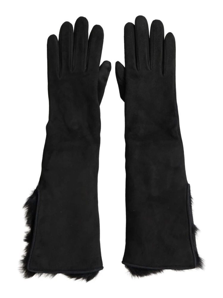 Black Leather Fur Elbow Length Gloves alternative