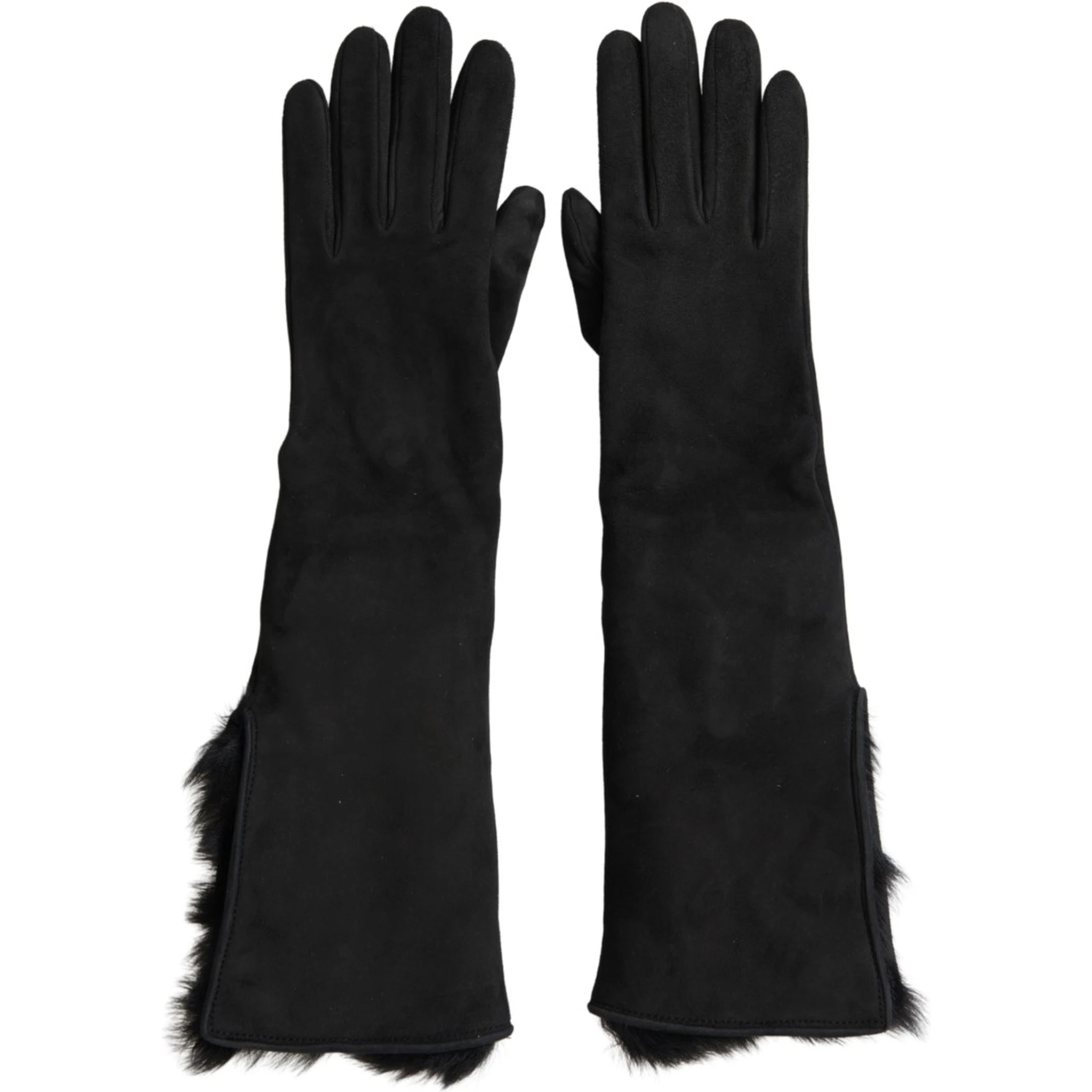 Black Leather Fur Elbow Length Gloves