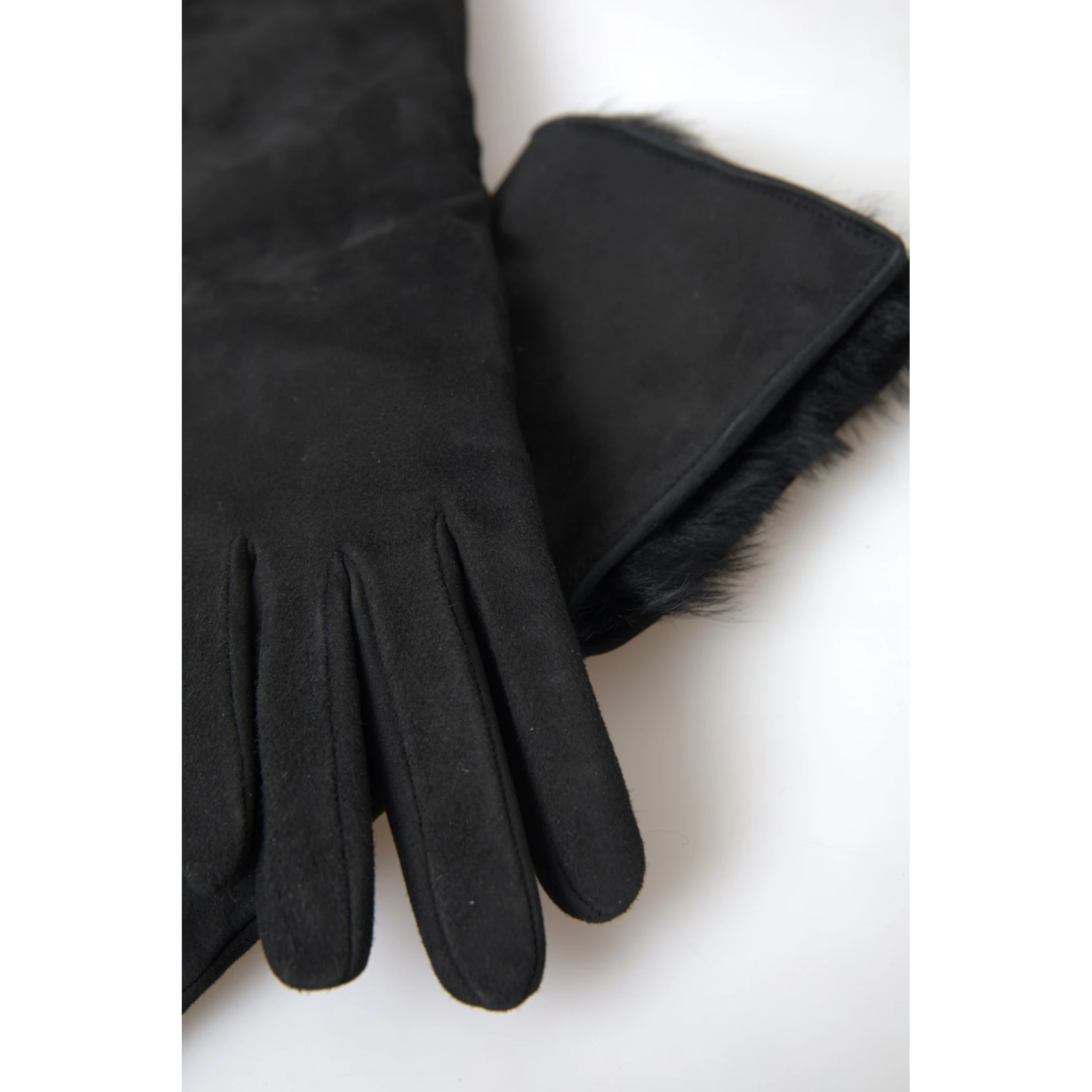 Black Leather Fur Elbow Length Gloves