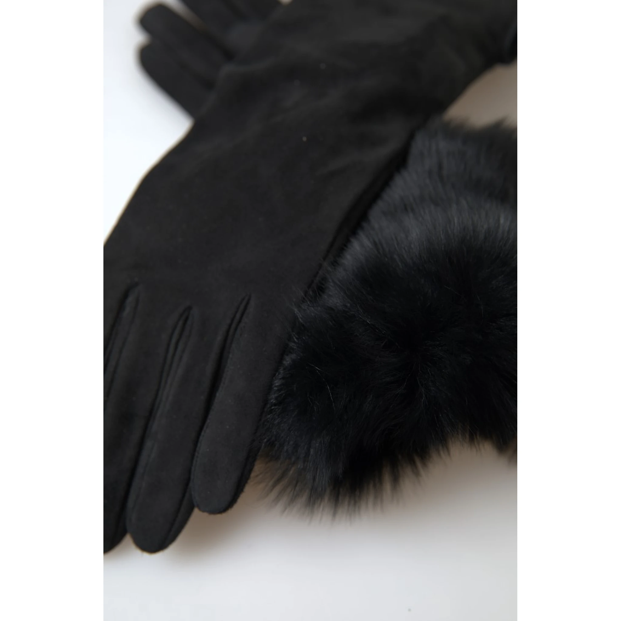 Black Leather Fur Elbow Length Gloves