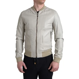 Cream Leather Bomber Blouson Full Zip Jacket