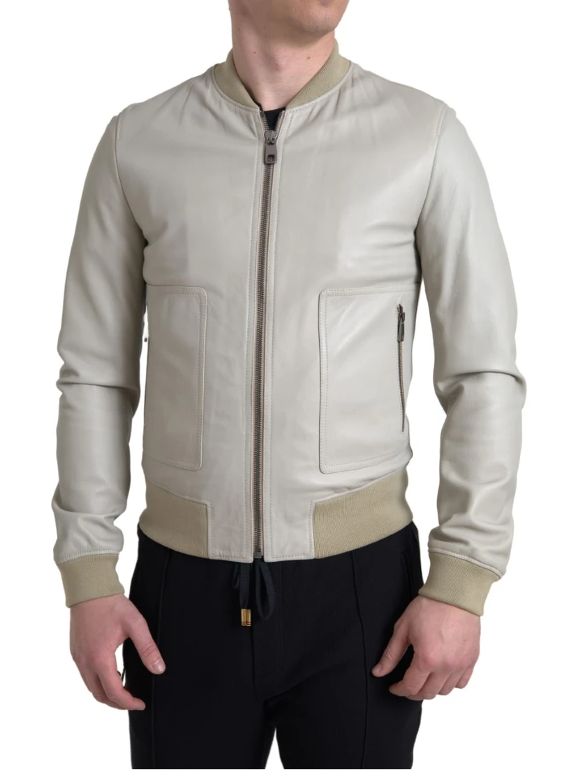 Cream Leather Bomber Blouson Full Zip Jacket