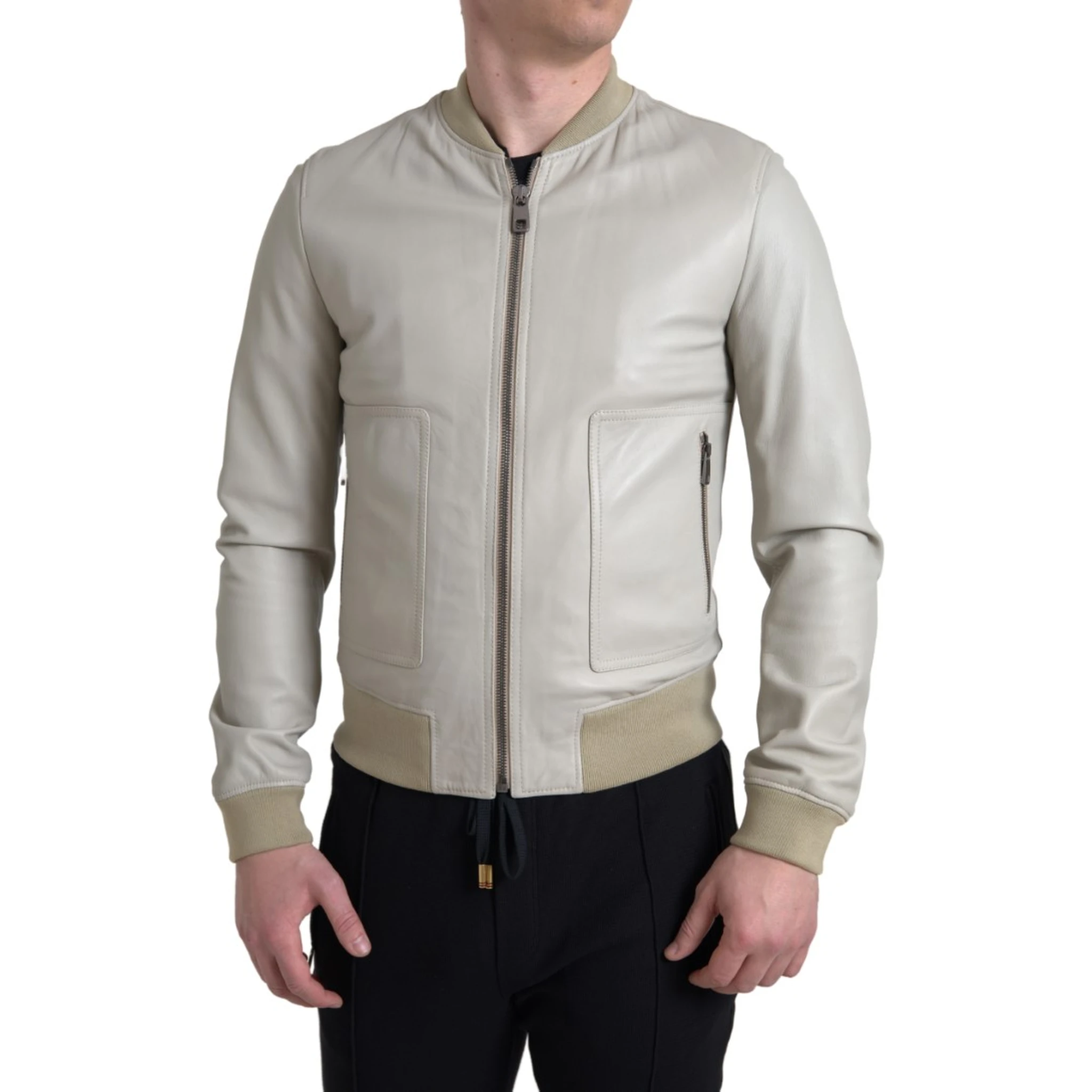 Cream Leather Bomber Blouson Full Zip Jacket