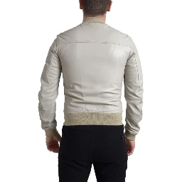 Cream Leather Bomber Blouson Full Zip Jacket