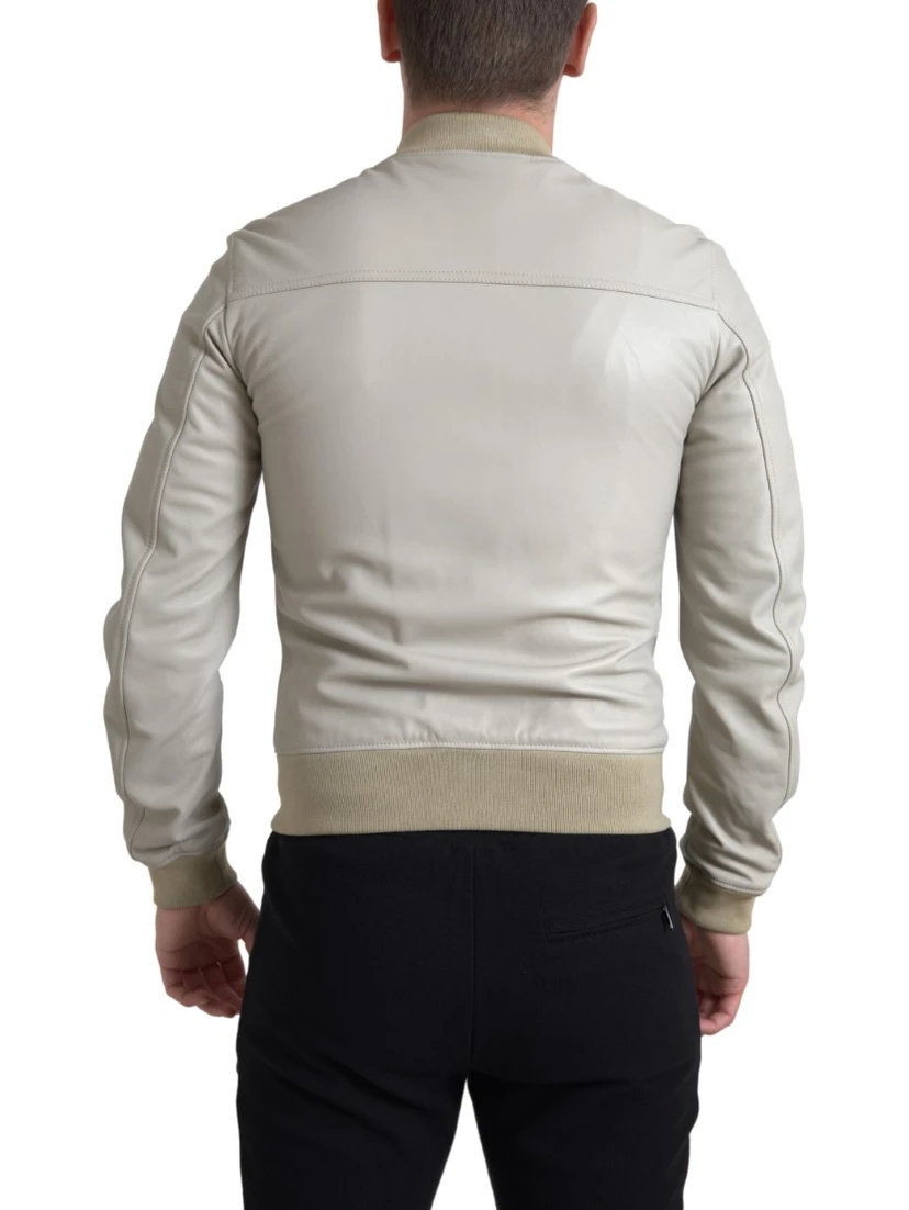 Cream Leather Bomber Blouson Full Zip Jacket