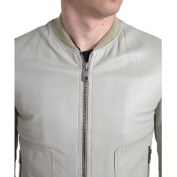 Cream Leather Bomber Blouson Full Zip Jacket