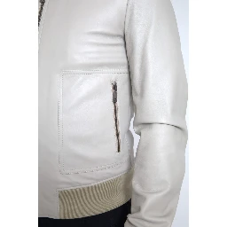 Cream Leather Bomber Blouson Full Zip Jacket