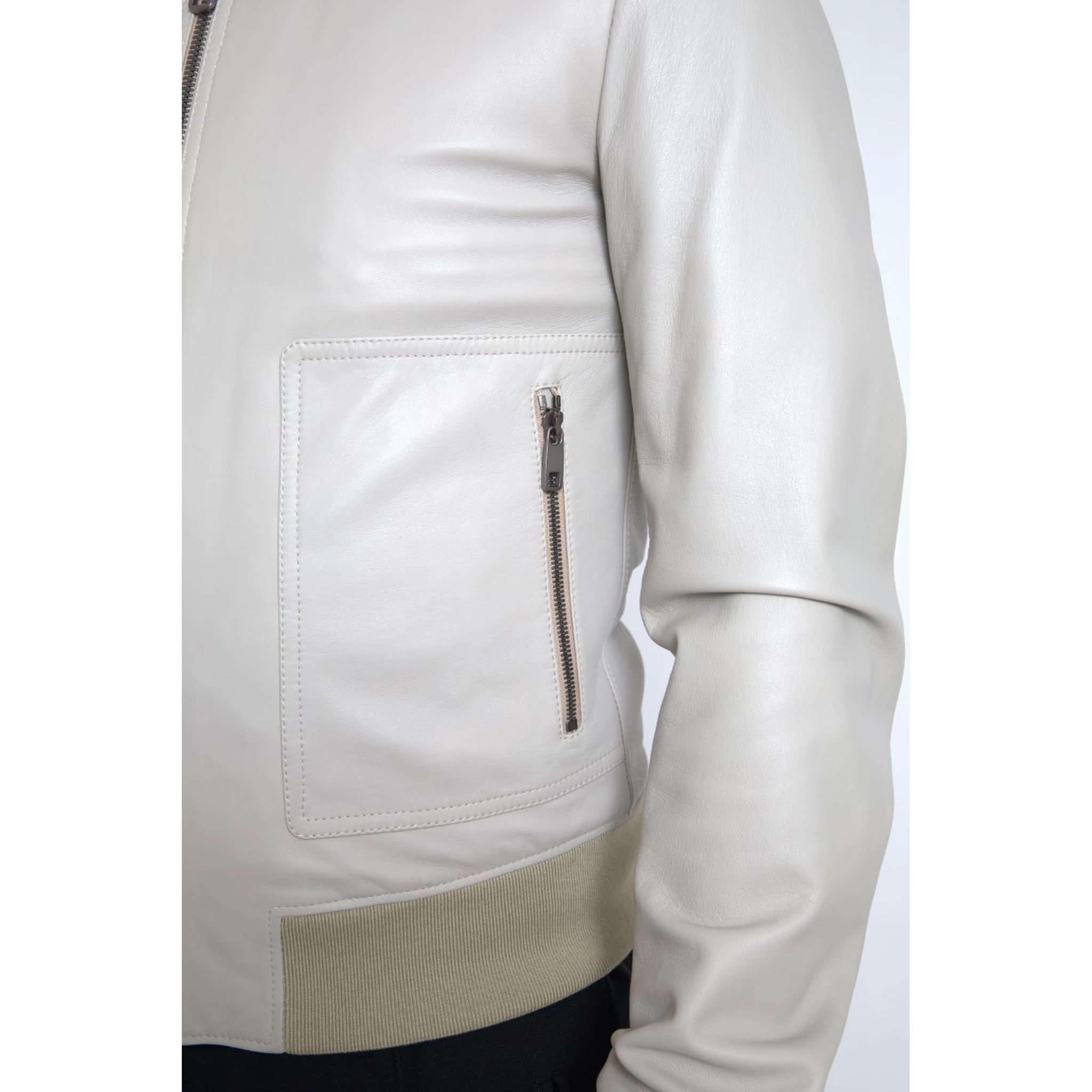 Cream Leather Bomber Blouson Full Zip Jacket