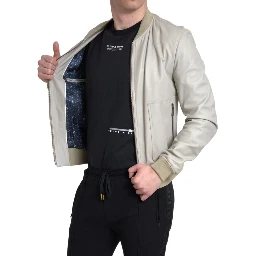 Cream Leather Bomber Blouson Full Zip Jacket