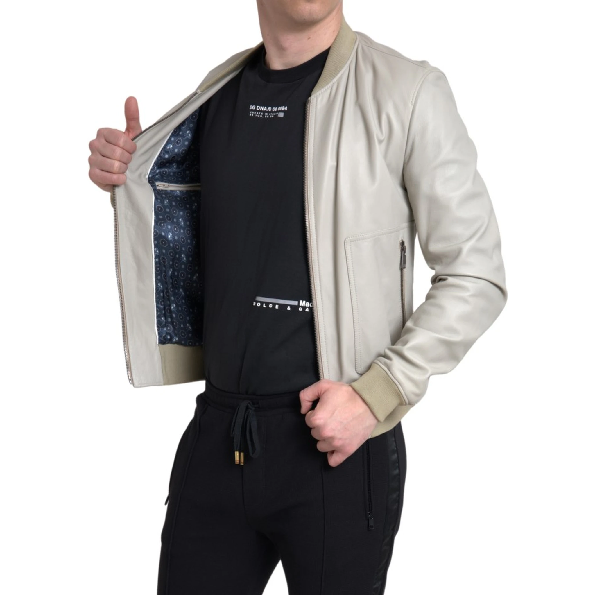 Cream Leather Bomber Blouson Full Zip Jacket