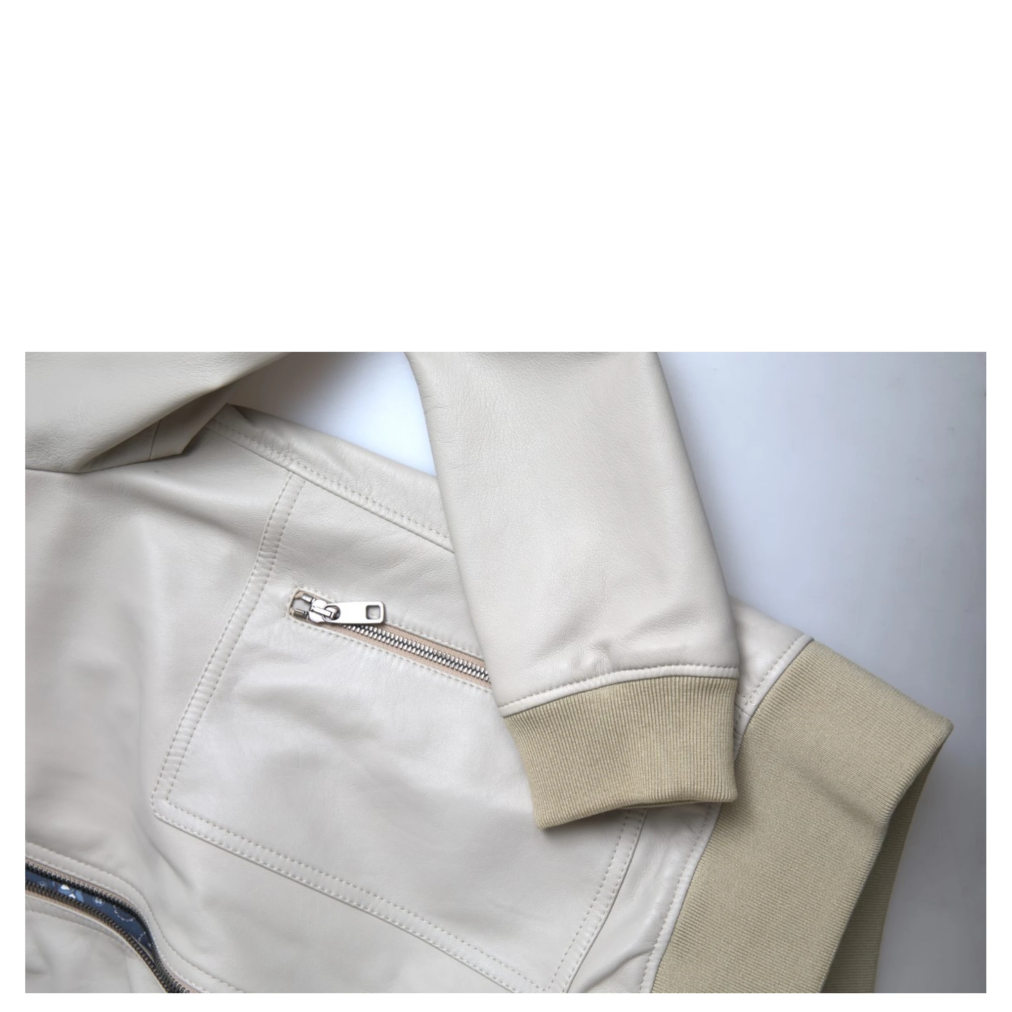 Cream Leather Bomber Blouson Full Zip Jacket