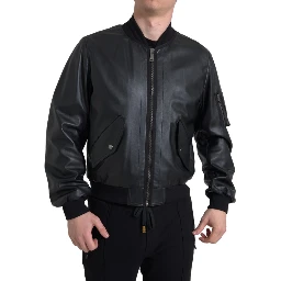 Black Leather Blouson Full Zip Bomber Jacket