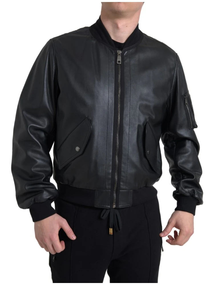 Black Leather Blouson Full Zip Bomber Jacket