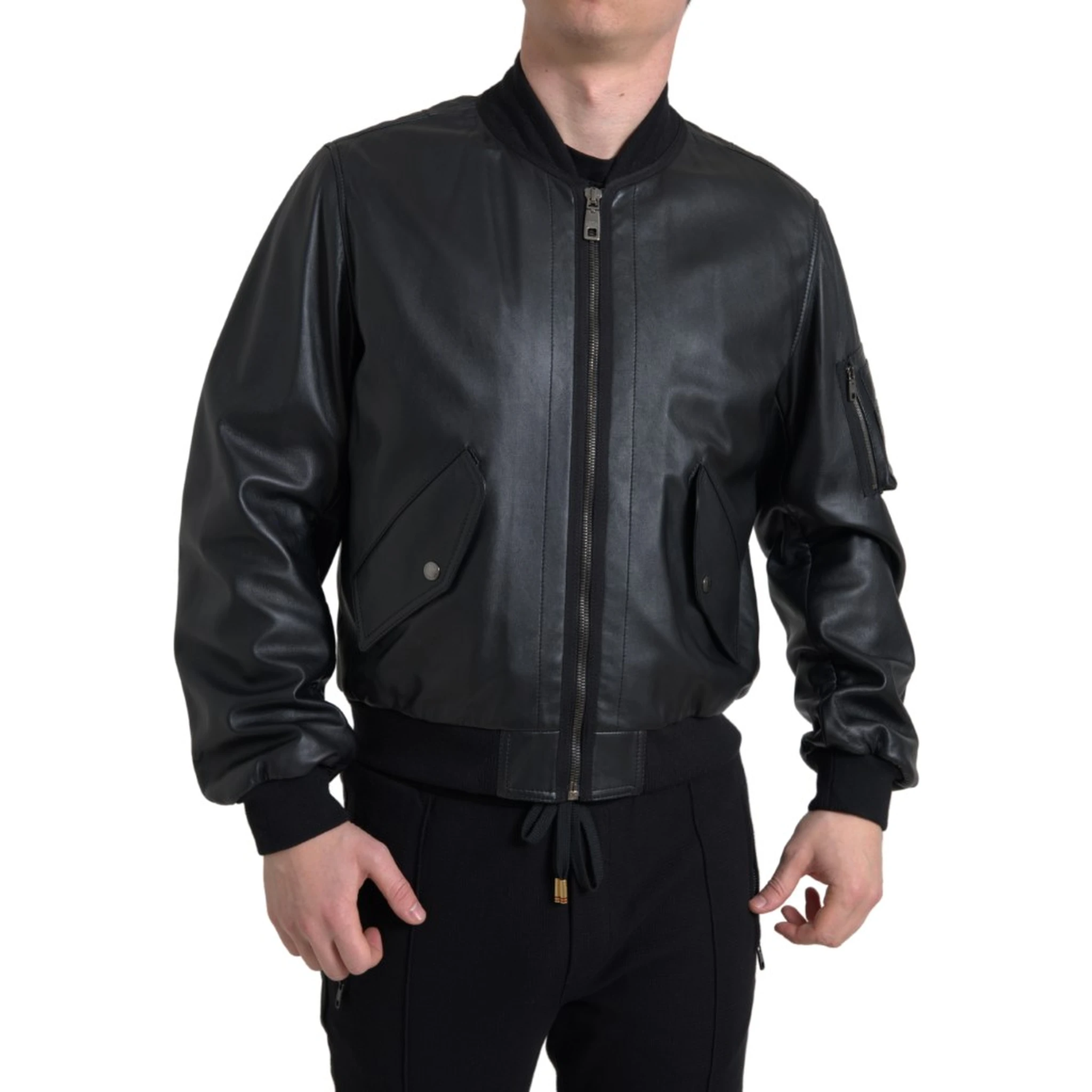 Black Leather Blouson Full Zip Bomber Jacket