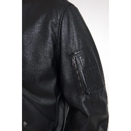 Black Leather Blouson Full Zip Bomber Jacket
