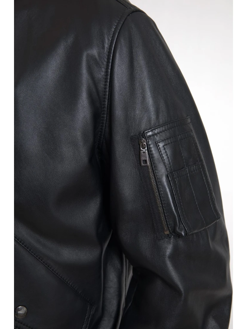 Black Leather Blouson Full Zip Bomber Jacket