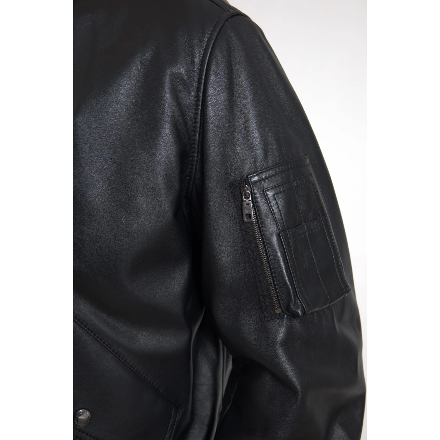 Black Leather Blouson Full Zip Bomber Jacket