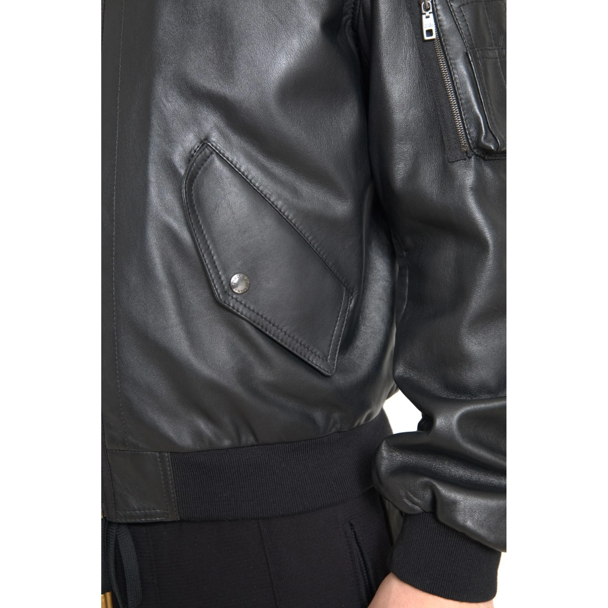 Black Leather Blouson Full Zip Bomber Jacket