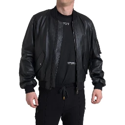 Black Leather Blouson Full Zip Bomber Jacket